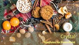  Presentation with traditional drink - Cool new PPT layouts with christmas background with hot drink cookies and other traditional food and symbols on wooden table backdrop and a tawny brown colored foreground