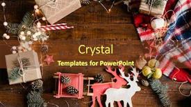  Presentation with pine - Amazing slide set having christmas background with toy deer and sledge giftboxes pine cones conifer garlands and decorations on wooden table backdrop and a tawny brown colored foreground