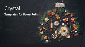  Presentation with baking cookies - Amazing presentation theme having christmas baking background with kitchen utensils cookies spices cinnamon sticks anise stars laid out in the shape of a christmas bauble on rustic baking tray top view backdrop and a dark gray colored foreground
