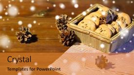  Presentation with pinecones - Audience pleasing slide deck consisting of christmas baking culinary holidays and food concept - close up of oat cookies in wooden box with cinnamon and pinecones on table backdrop and a gold colored foreground