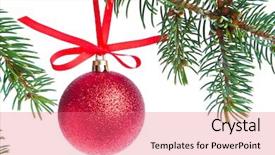  Presentation with christmas red - Amazing theme having christmas ball hanging from tree backdrop and a  colored foreground