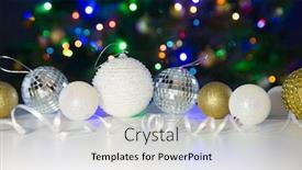  Presentation with festive - Amazing PPT layouts having christmas-balls-against-the-backdrop backdrop and a light gray colored foreground