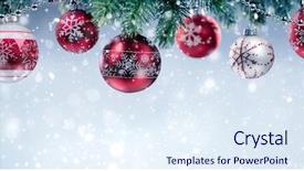  Presentation with silver christmas - PPT theme enhanced with christmas balls hanging on fir background and a sky blue colored foreground