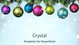  Presentation with fir tree - PPT theme enhanced with christmas balls hanging on snowy background and a cool aqua colored foreground