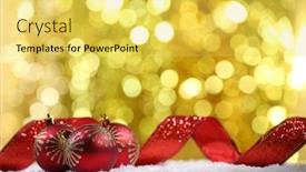  Presentation with christmas red - Cool new PPT theme with christmas-balls-with-red-ribbon backdrop and a yellow colored foreground