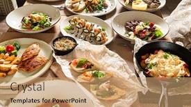  Presentation with banquet - Beautiful PPT theme featuring christmas-banquet-with-many-dishes backdrop and a coral colored foreground