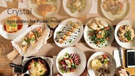  Presentation with banquet - Amazing PPT layouts having christmas-banquet-with-many-dishes backdrop and a coral colored foreground
