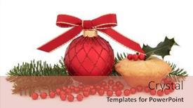  Presentation with holly - Amazing slide set having christmas bauble with mince pie bead strand holly berry and pine fir leaf sprigs isolated over white background backdrop and a coral colored foreground