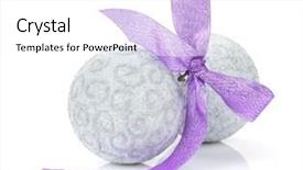  Presentation with christmas silver blue turquoise baubles - PPT theme featuring christmas baubles and purple ribbon background and a white colored foreground