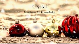  Presentation with falling snow - Presentation design consisting of christmas baubles arranged on sand background and a  colored foreground