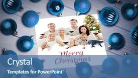 Presentation with christmas card - Slide set enhanced with christmas baubles on table against a happy family christmas card background and a ocean colored foreground