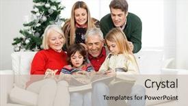 Presentation with family reading - Presentation with christmas morning - happy multigeneration family reading book background and a soft green colored foreground
