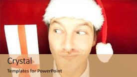  Presentation with santa - Colorful PPT layouts enhanced with christmas bonus - curious man holding present voucher backdrop and a coral colored foreground