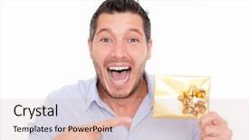 Presentation with gift - Beautiful presentation theme featuring christmas bonus - present gift holding man looking backdrop and a lemonade colored foreground
