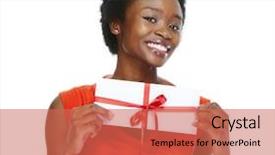  Presentation with envelope - Presentation design consisting of christmas bonus - young african-american woman with envelope background and a coral colored foreground