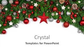  Presentation with decor - Audience pleasing slide set consisting of christmas border frame of tree branches on white background with copy space isolated red and golden decor berries stars cones backdrop and a white colored foreground