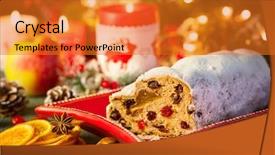  Presentation with cake - Colorful theme enhanced with christmas cake stollen with marzipan backdrop and a gold colored foreground