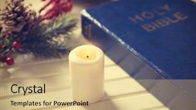  Presentation with bible view - Audience pleasing PPT theme consisting of christmas candles bibles - closeup view of bible backdrop and a coral colored foreground