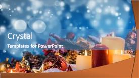 Presentation with red stars - Cool new PPT layouts with christmas candles with traditional decorative stars red baubles pine cones and green branches on snow backdrop and a teal colored foreground