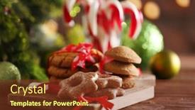  Presentation with christmas candy - Audience pleasing presentation design consisting of christmas candy canes in glass with christmas decoration on table on bright background backdrop and a tawny brown colored foreground