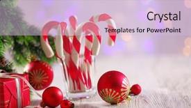  Presentation with christmas candy - Cool new PPT theme with christmas candy canes in glass on table on light background backdrop and a lemonade colored foreground