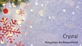  Presentation with new year card - Beautiful presentation theme featuring christmas card or new year background made of decorative balls handwritten on snow with fir-tree branches and red craft paper backdrop and a light blue colored foreground
