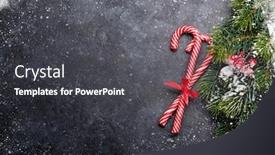  Presentation with candy canes - PPT theme with christmas card with candy canes and fir tree branch covered by snow on stone background top view with space for your greetings background and a dark gray colored foreground