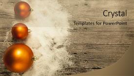  Presentation with christmas card - Theme consisting of christmas card with cooper colored balls and winter snow on wooden background background and a coral colored foreground