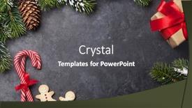  Presentation with snow tree - Slide set with christmas card with gingerbread cookies and fir tree branch covered by snow on stone background top view with space for your greetings background and a dark gray colored foreground