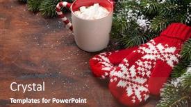  Presentation with christmas chocolate - Presentation theme with christmas-card-with-mittens-cup background and a tawny brown colored foreground