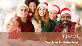  Presentation with sparkling lights - Slide deck featuring christmas celebration and holidays concept - happy friends in santa hats with non-alcoholic sparkling wine at party and showing thumbs up over lights background background and a red colored foreground