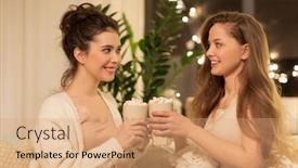  Presentation with cacao - Presentation theme enhanced with christmas celebration hygge and pajama party concept - happy female friends or teenage girls drinking cacao with marshmallow and clinking cups at home background and a coral colored foreground