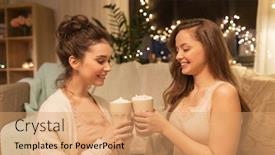  Presentation with christmas party - Theme featuring christmas celebration hygge and pajama party concept - happy female friends or teenage girls drinking cacao with marshmallow and clinking cups at home background and a coral colored foreground
