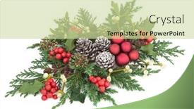  Presentation with cedar - Beautiful presentation theme featuring christmas centrepiece decoration with red baubles holly ivy mistletoe cedar and juniper leaf sprigs and pine cones on white background backdrop and a soft green colored foreground