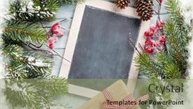  Presentation with text box - Colorful theme enhanced with christmas chalkboard gift box and fir tree on wooden table top view with copy space for your text backdrop and a seafoam green colored foreground