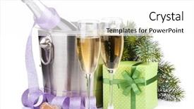  Presentation with white christmas - Amazing presentation theme having christmas champagne with alarm clock in bucket and gift box isolated on white background backdrop and a white colored foreground