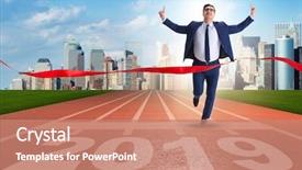  Presentation with 2019 - Amazing PPT theme having christmas champion - businessman on finishing line backdrop and a coral colored foreground