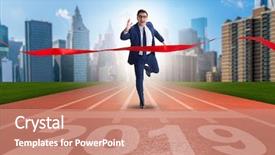  Presentation with budgeting 2019 - Beautiful PPT theme featuring christmas champion - businessman on finishing line backdrop and a coral colored foreground