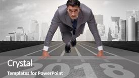  Presentation with new year - Cool new slide deck with christmas champion - businessman running towards new year backdrop and a gray colored foreground