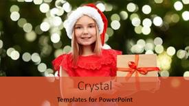  Presentation with green lights - Audience pleasing presentation design consisting of christmas childhood and holidays concept - smiling girl posing in snata helper hat with gift box over festive lights on dark green background backdrop and a red colored foreground