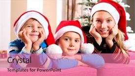  Presentation with christmas kids - Beautiful presentation design featuring christmas children happy little kids wearing santa's hat family backdrop and a coral colored foreground