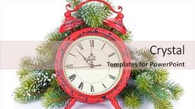  Presentation with snow tree - Slide set with christmas clock and snow fir tree isolated on white background background and a soft green colored foreground