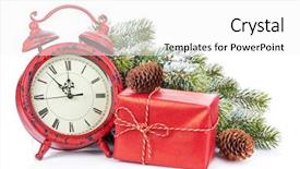  Presentation with snow tree - PPT theme with christmas clock gift box and snow fir tree isolated on white background background and a white colored foreground