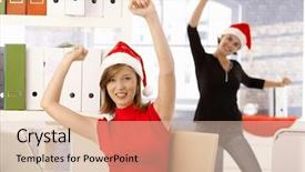  Presentation with female garment workers - PPT theme with christmas company party - female office workers having fun background and a lemonade colored foreground