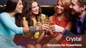  Presentation with flutes - Cool new presentation theme with christmas company party - group of friends toasting backdrop and a  colored foreground