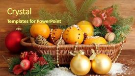  Presentation with fir tree - Slides consisting of christmas composition in basket with oranges and fir tree on wooden background background and a tawny brown colored foreground