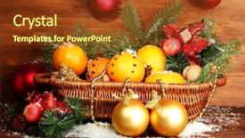 Presentation with fir tree - Beautiful presentation design featuring christmas composition in basket with oranges and fir tree on wooden background backdrop and a tawny brown colored foreground