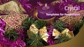  Presentation with purple gold - Colorful slide set enhanced with christmas composition with candles and decorations in purple and gold colors on wooden background backdrop and a violet colored foreground