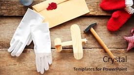  Presentation with wooden toy - Theme with gifts and decorations on wood background and a coral colored foreground