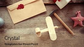  Presentation with wooden toy - Beautiful presentation design featuring gifts and decorations on wood backdrop and a coral colored foreground